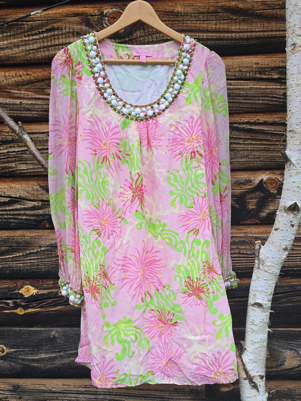 Lilly Pulitzer 100% Silk Chiffon Beaded Shift Dress Pink Floral Sz 2 XS